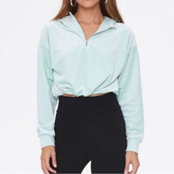 FOREVER 21 | Velvet Cropped 1/4 Zip Pullover Hoodie Pistachio Green Women’s M - Picture 1 of 10